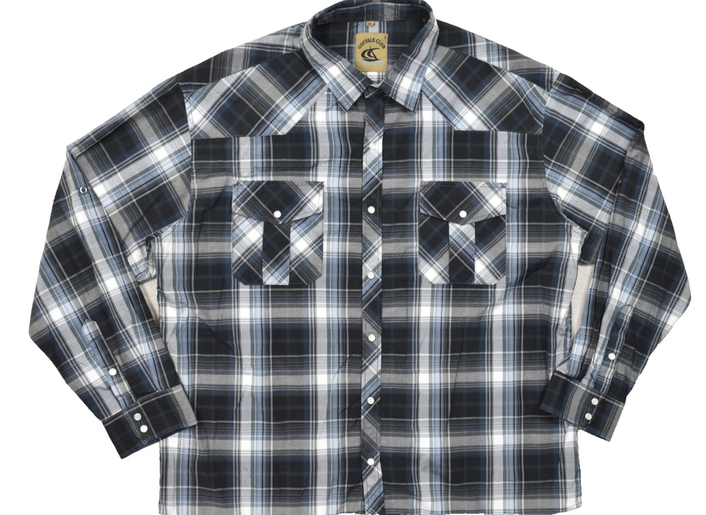 Coevals Club Mens XXL Western Pearl Snap Plaid Long Sleeve Work Shirt Black Blue
